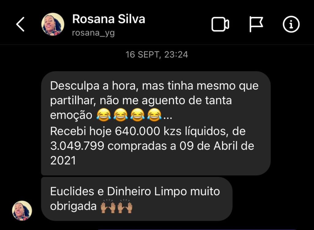 Mensagem de aluna a partilhar os seus resultados
